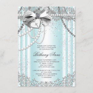 Invitación Primera Comunión Cruz Perla Azul Teal