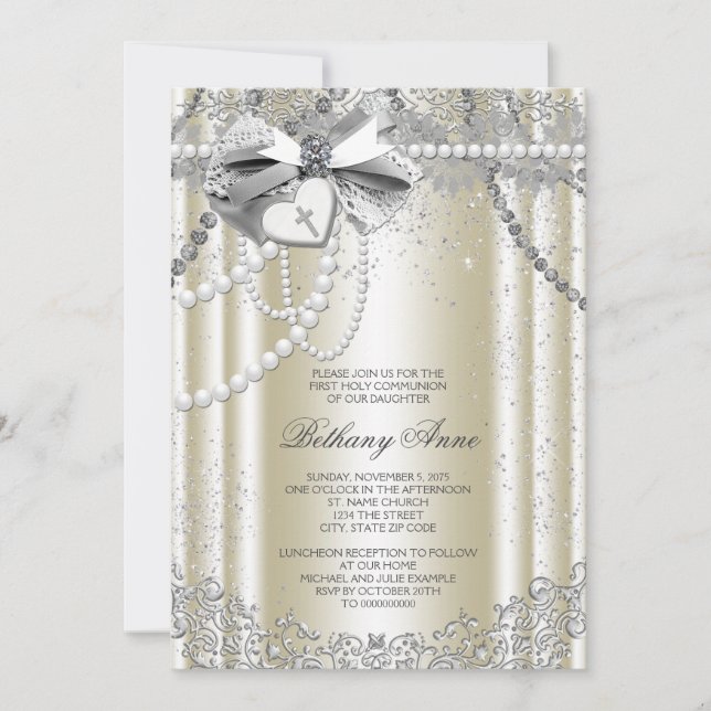 Invitación Primera Comunión Cruz Perla de Marfil (Anverso)