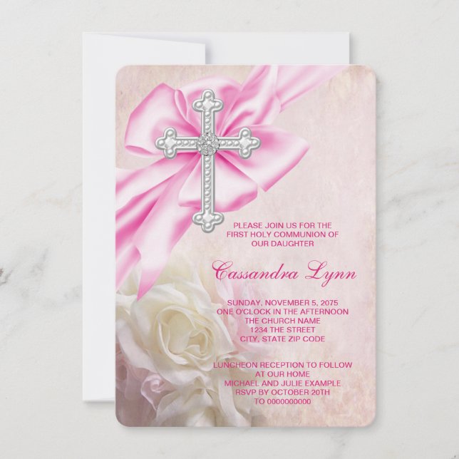 Invitación Primera Comunión Cruz Rosa (Anverso)