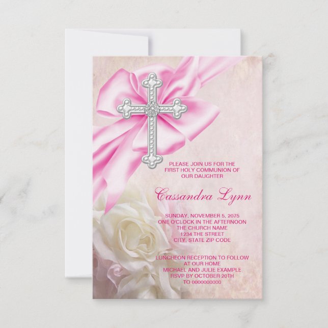 Invitación Primera Comunión Cruz Rosa (Anverso)