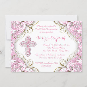 Invitación Primera Comunión Cruz Rosa y Dorada Elegante