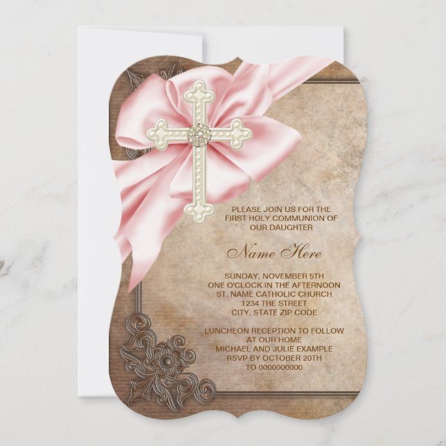 Invitación Primera Comunión Cruz Rosa y Marrón (Anverso)
