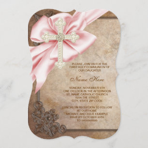 Invitación Primera Comunión Cruz Rosa y Marrón