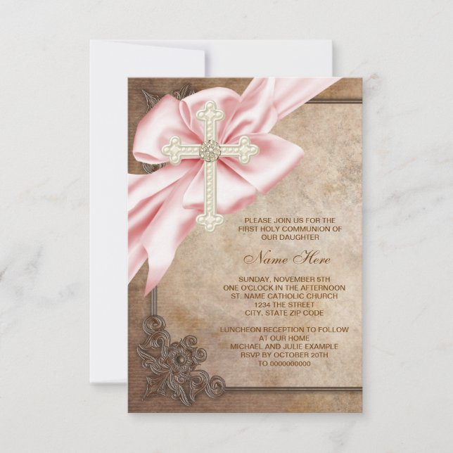Invitación Primera Comunión Cruz Rosa y Marrón (Anverso)
