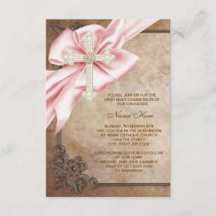 Invitación Primera Comunión Cruz Rosa y Marrón