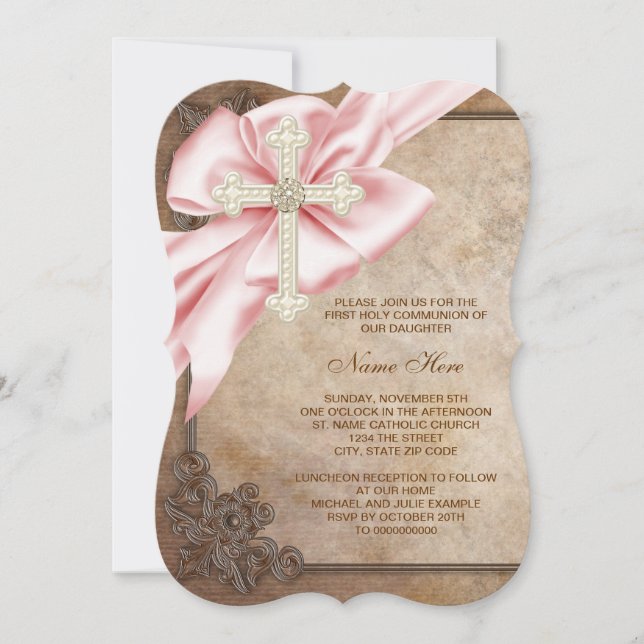 Invitación Primera Comunión Cruz Rosa y Marrón (Anverso)