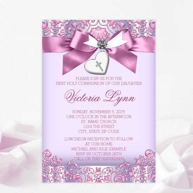 Invitación Primera Comunión Cruz Rosa y Morada (You can change all of the text, font styles, font colors as needed for your event.)