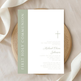 Invitación Primera Comunión Cruz Verde Salvia Elegante