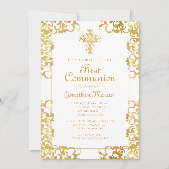Invitación Primera comunión cruza damasco de oro niño cristia (Anverso)