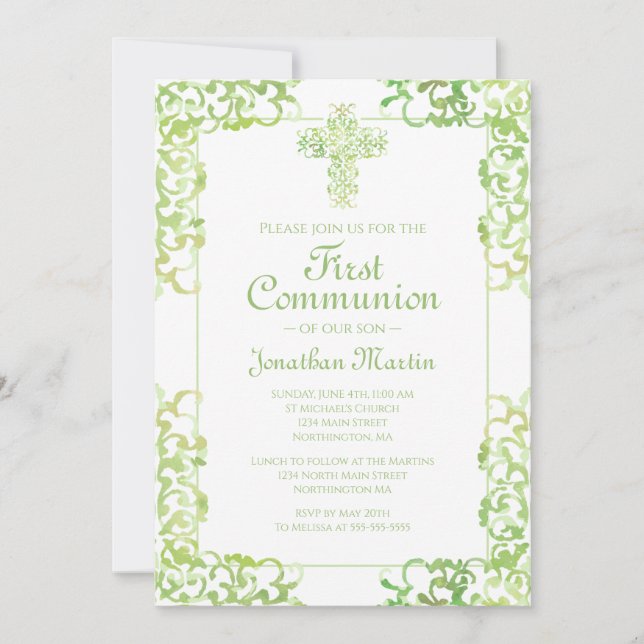Invitación Primera comunión cruza damasco verde niño cristian (Anverso)