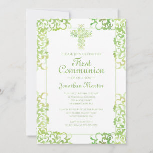 Invitación Primera comunión cruza damasco verde niño cristian