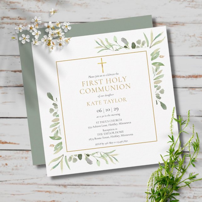 Invitación Primera Comunión Cuadrada Acuarela Verde (Subido por el creador)