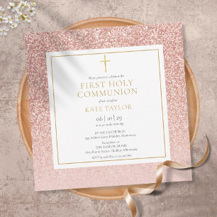 Invitación Primera Comunión Cuadrado de Purpurina de Oro Rosa
