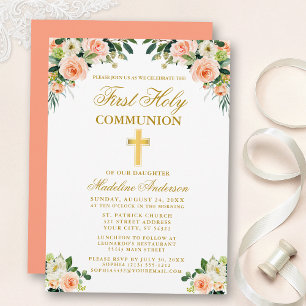 Invitación Primera Comunión de acuarela de oro Peach White Fl