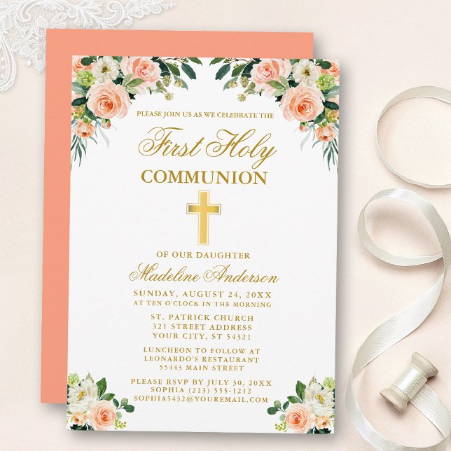 Invitación Primera Comunión de acuarela de oro Peach White Fl (Customize to change text color, style, add text & photos to back or change color of back of card.)