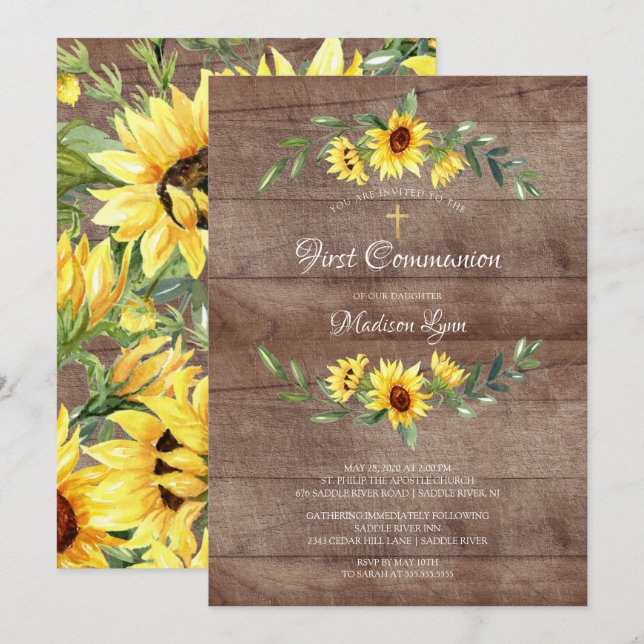 Invitación Primera comunión de acuarela rusa amarillo girasol (Anverso / Reverso)