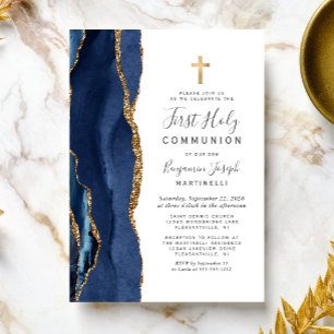 Invitación Primera Comunión de Agata Azul con Brillo de Oro