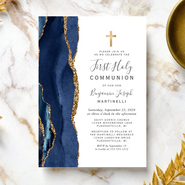 Invitación Primera Comunión de Agata Azul con Brillo de Oro (Subido por el creador)