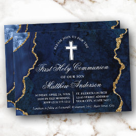 Invitación Primera comunión de Agate Geode Blue Gold Marble