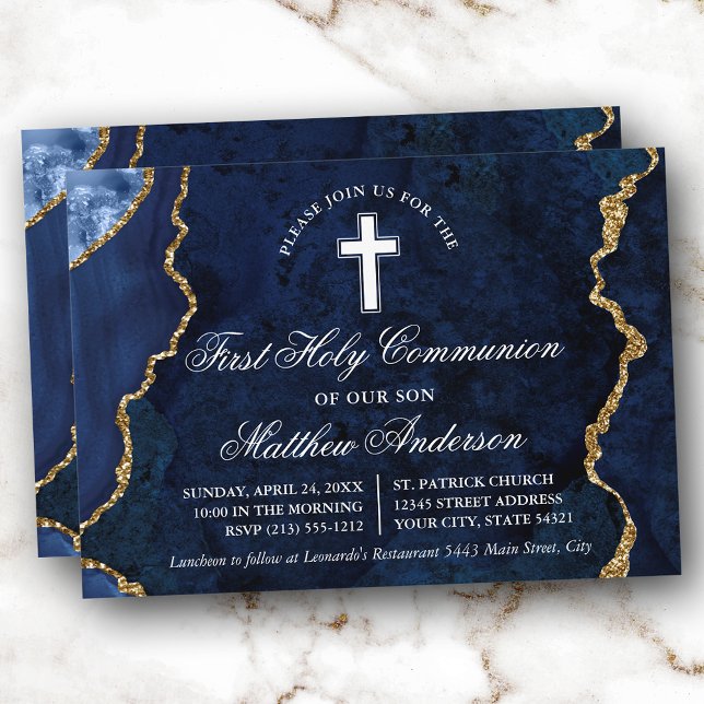 Invitación Primera comunión de Agate Geode Blue Gold Marble (Customize to change text size, text style or to add more text to back of card.)