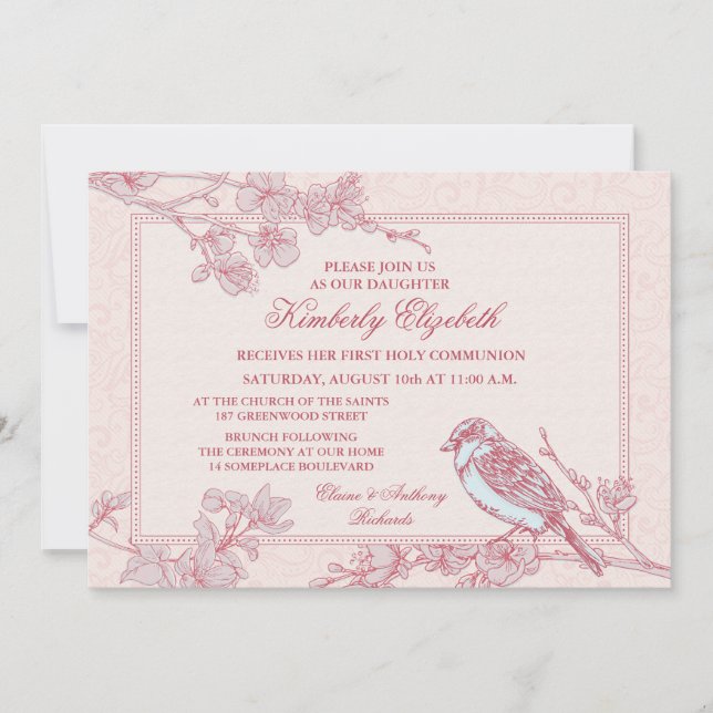 Invitación Primera comunión de aves con flores de cerezo rosa (Anverso)