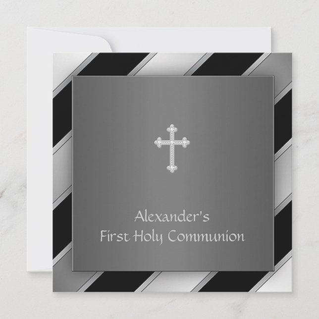 Invitación Primera comunión de Black Silver Stripe Boy (Anverso)