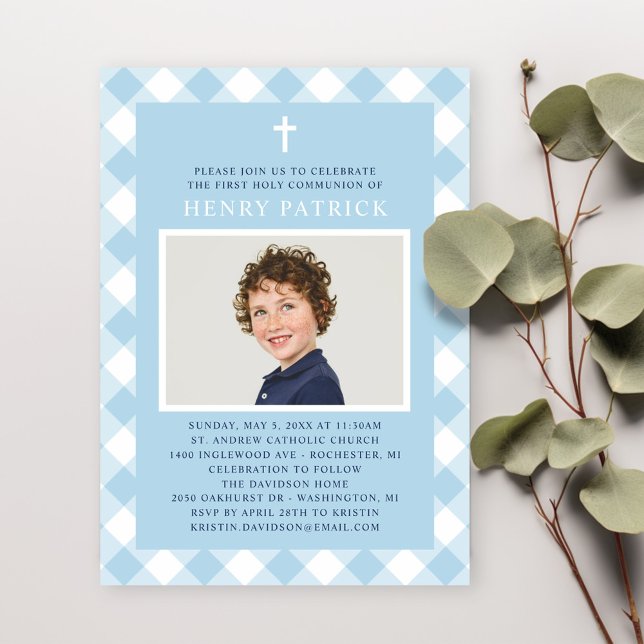 Invitación Primera comunión de Blue Gingham Plaid para Boy Ph (Subido por el creador)