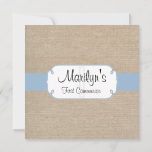 Invitación Primera comunión de Burlap azul y beige de luz rus