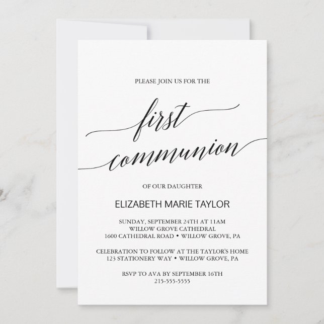 Invitación Primera comunión de caligrafía negra elegante (Anverso)