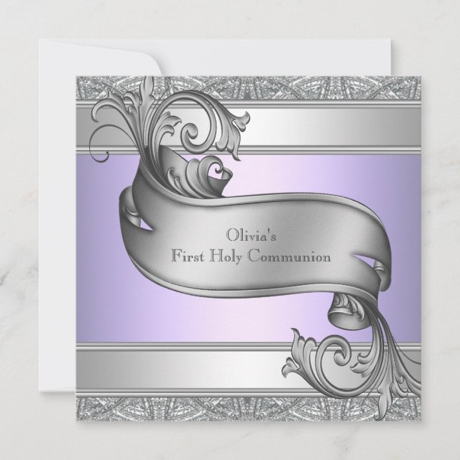 Invitación Primera comunión de Chicas de cruz de plata morada (Anverso)