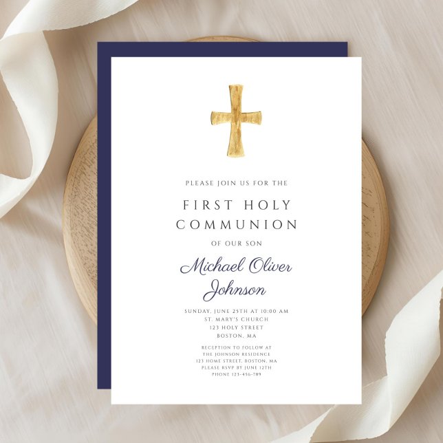 Invitación Primera comunión de chicos de la Cruz Azul de la M (Modern Navy Blue Cross Boy First Communion Invitation)