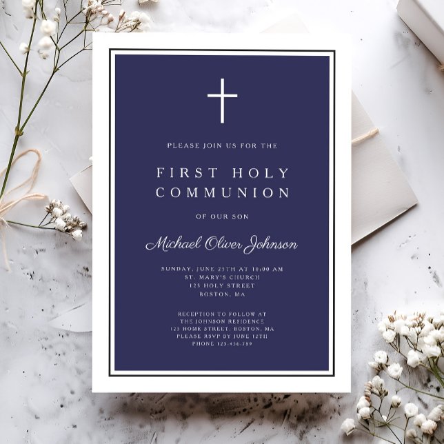 Invitación Primera comunión de chicos de la Cruz Azul de la M (Modern Navy Blue Cross Boy First Communion Invitation)