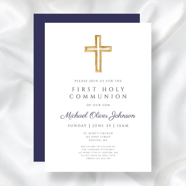 Invitación Primera comunión de chicos de la Cruz Azul de la M (Modern Navy Blue Cross Boy First Communion Invitation)