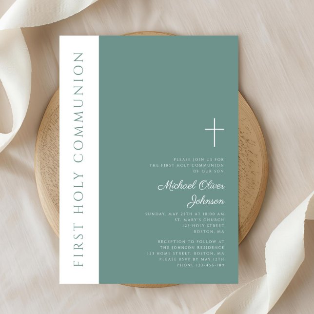Invitación Primera comunión de chicos ecologistas modernos (Modern Green Religious Cross Boy First Communion Invitation)