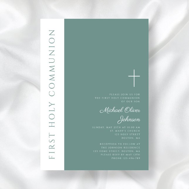 Invitación Primera comunión de chicos ecologistas modernos (Modern Green Religious Cross Boy First Communion Invitation)