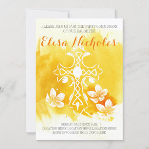 Invitación Primera comunión de color de agua amarillo con flo