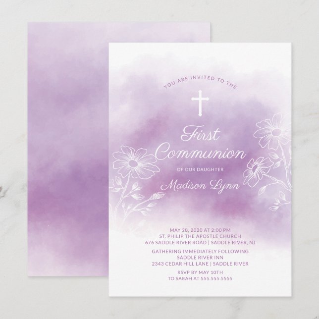 Invitación Primera comunión de color de agua morado (Anverso / Reverso)