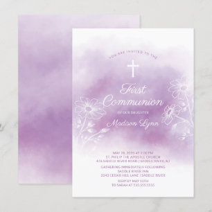 Invitación Primera comunión de color de agua morado