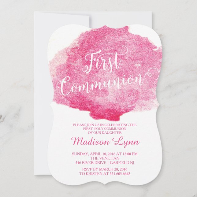 Invitación Primera comunión de color rosa estilizado (Anverso)