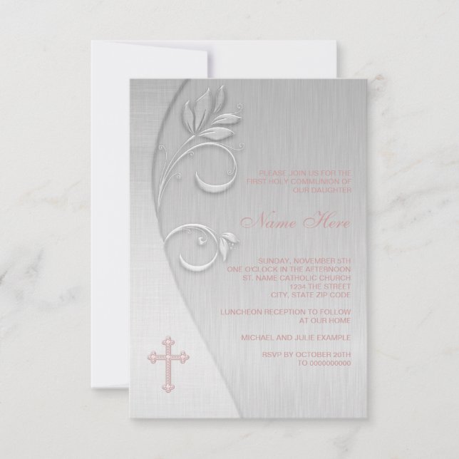 Invitación Primera Comunión de Cruz Rosa y Gris (Anverso)