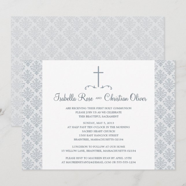 Invitación Primera comunión de Damasco blanco y gris (Anverso / Reverso)