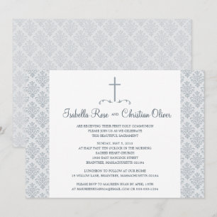 Invitación Primera comunión de Damasco blanco y gris