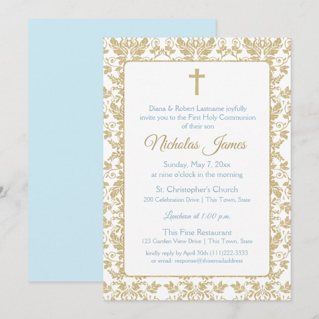 Invitación Primera comunión de damasco de oro con azul (Anverso / Reverso)