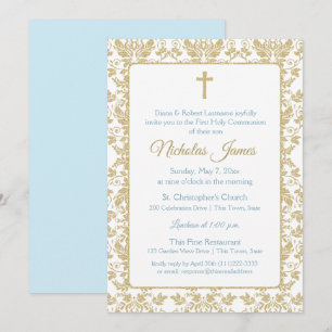Invitación Primera comunión de damasco de oro con azul