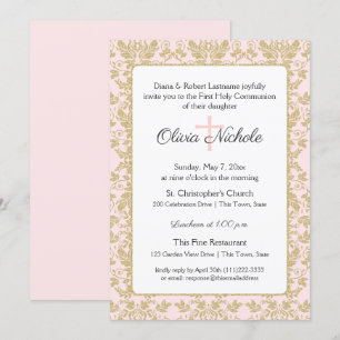 Invitación Primera comunión de Damasco de oro y rosa suave