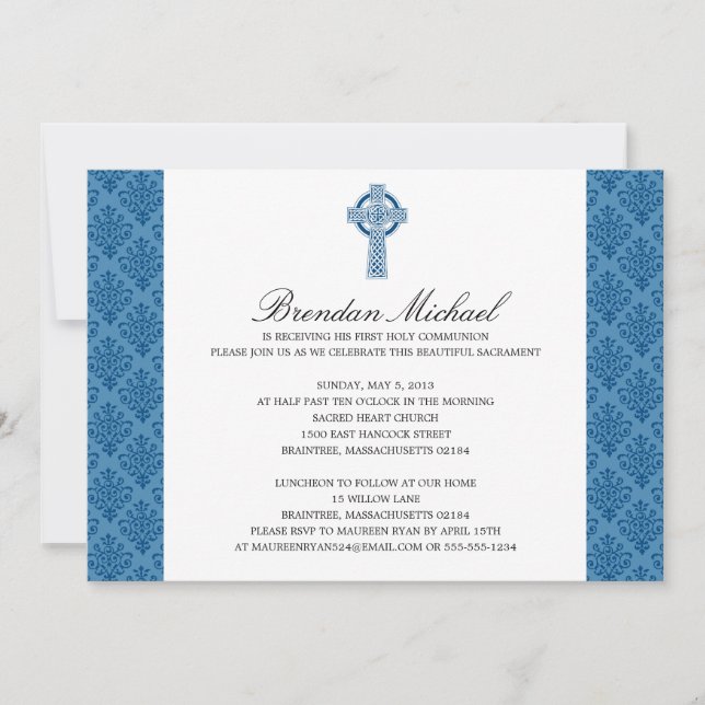 Invitación Primera comunión de Damask Celtic Cross (Anverso)
