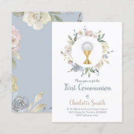 Invitación primera comunión de delicadas flores acuarelas