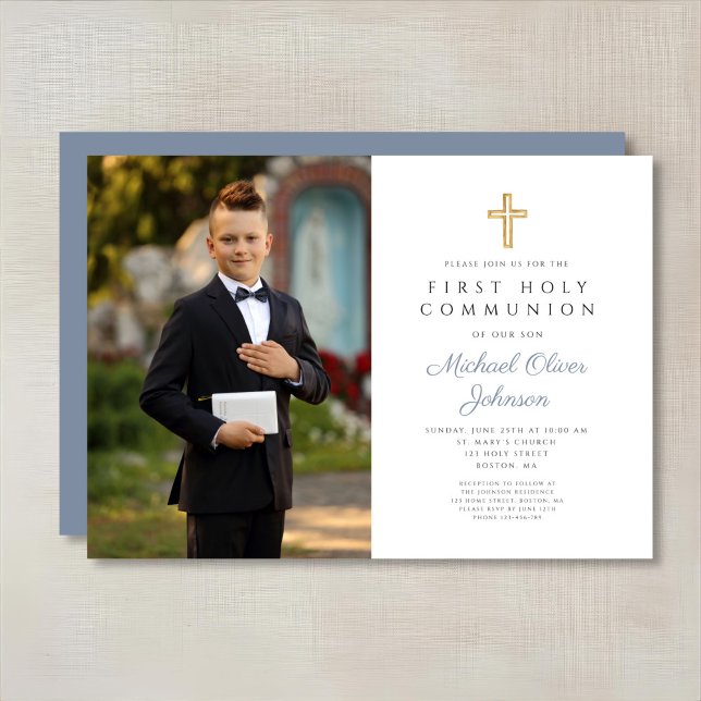 Invitación Primera comunión de Dusty Blue Cross Photo Boy (Dusty Blue Cross Photo Boy First Communion Invitation)