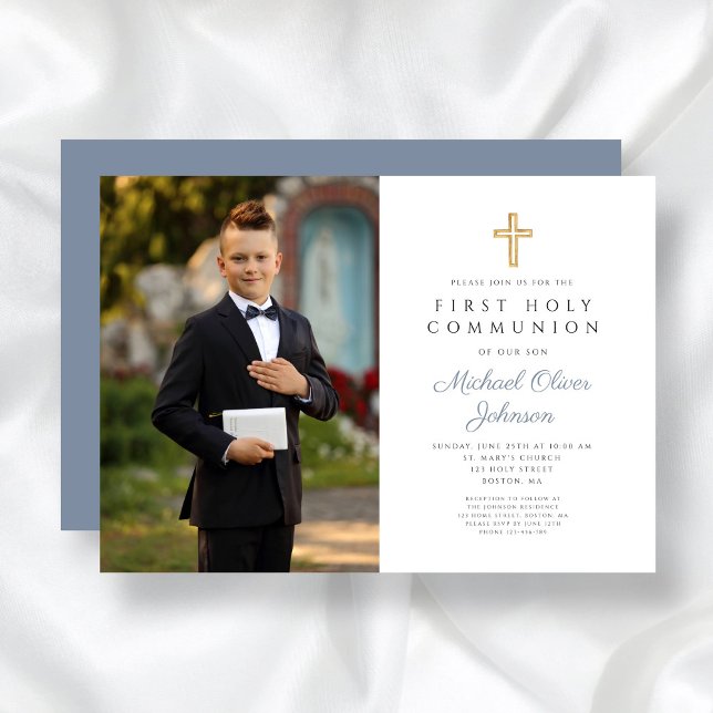 Invitación Primera comunión de Dusty Blue Cross Photo Boy (Dusty Blue Cross Photo Boy First Communion Invitation)