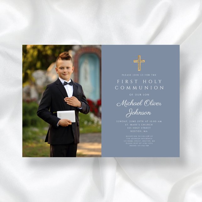 Invitación Primera comunión de Dusty Blue Cross Photo Boy (Dusty Blue Cross Photo Boy First Communion Invitation)